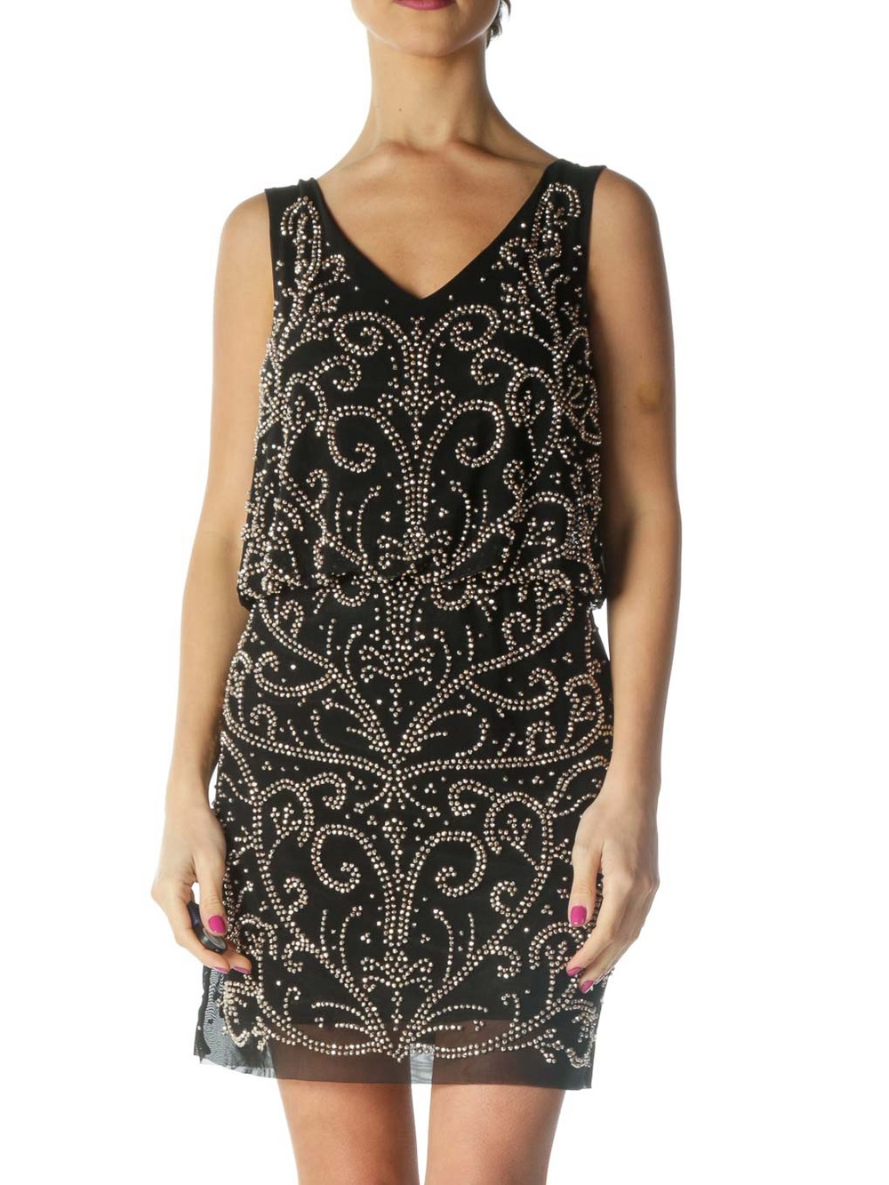 Xscape Black Beaded V-Neck Sleeveless Cocktail Dress Silver Embellishment 8